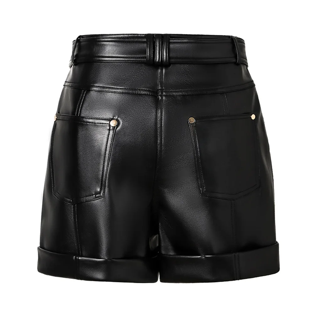 2024 Summer Fashion Lady Designed Pu Bottoms Women Solid High Street Shorts Black With Belt