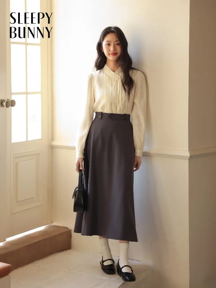 

High Waist Midi Skirt Gray A Line Flared Skirt Petite Friendly Spring Outfit for Office School Daily Elegant Slim Daily Wear