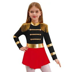 Kids Girls Circus Ringmaster Cosplay Costume Lion Tamer Showman Halloween Outfits Fringe Epaulet Jumpsuit Performance Bodysuit