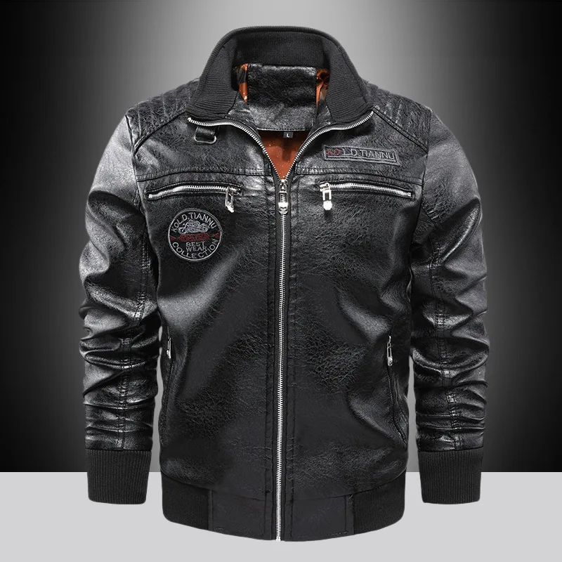 Spring Autumn Men's Motorcycle Plushed Warm And Windproof Racing Wear PU Leather Jacket Outdoor Coat