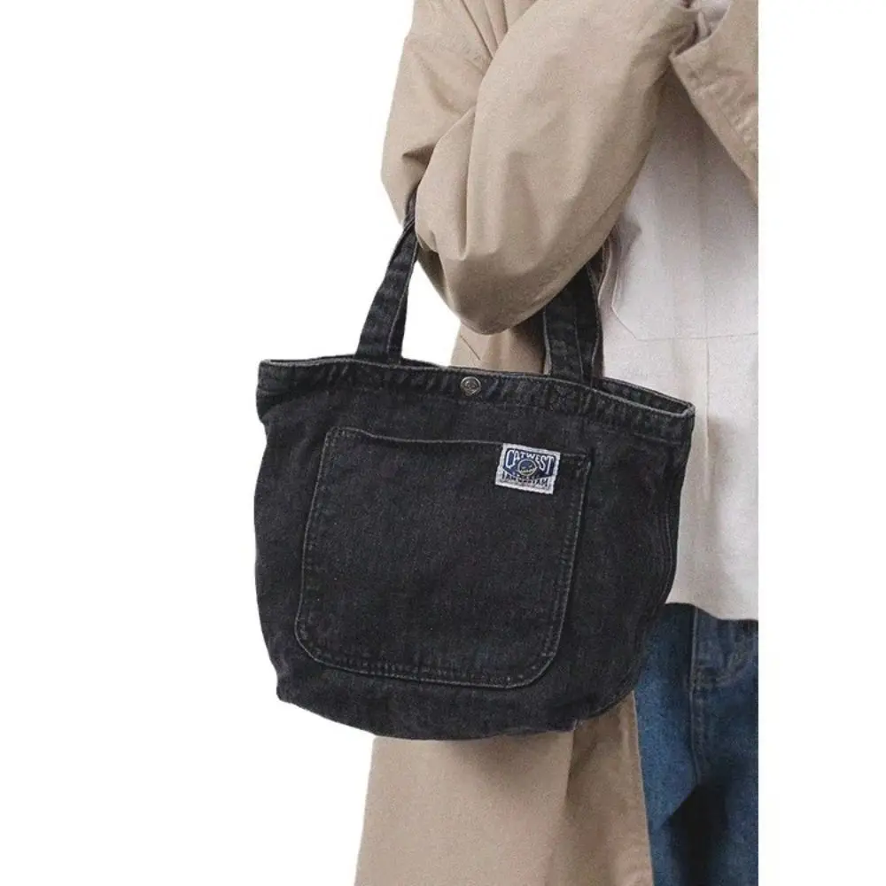 Washed Denim Lunch Bag Creative Food Storage Large Capacity Tote Bag Black Outdoor Handbag