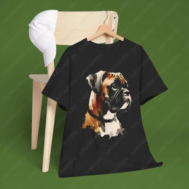 Boxer Dog Watercolor Cute Cotton Short Sleeve Men Women TShirt Pet Lover Funny All Match Unisex Adult Commuter Loungewear Tops