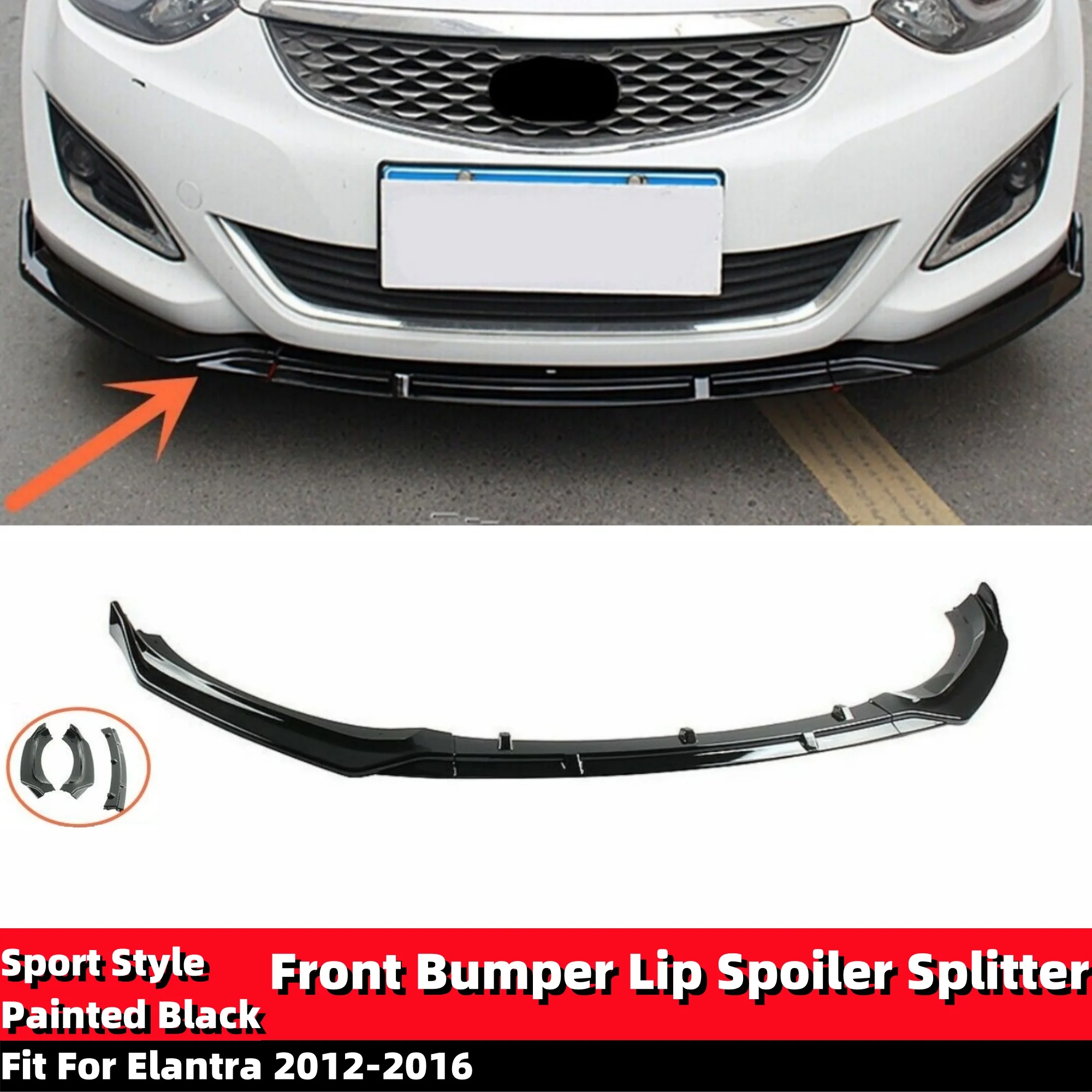 3Pcs/Set Front Bumper Lip Spoiler Splitter Underbody Kit ABS Painted Gloss Black Fit For HYUNDAI Elantra 2012-2016