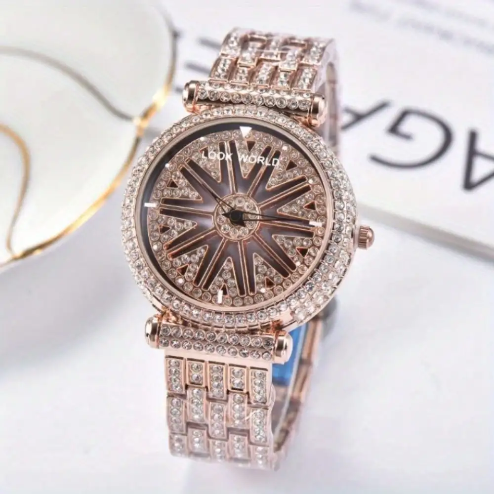 LOOKWORLD Fashion Rhinestone Studded Stainless Steel Rotating Dial Waterproof Quartz Watches, Ideal Choice For Gifts