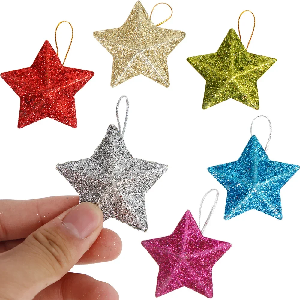 6Pcs Christmas Three-dimensional Star Christmas Tree Hanging Decoration Gold Onion Powder Five-pointed Star Christmas Pendant