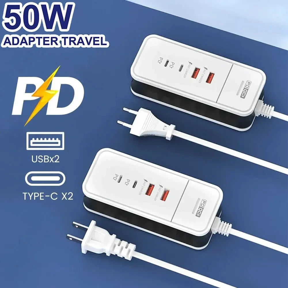 50W Multiple 4 Port USB Charger QC 3.0 PD Fast Charging Wall Charger for Mi Samsung iPad Mobile Phone US EU Travel Power Adapter