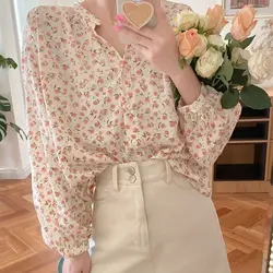 Vintage V Neck Floral Chiffon Shirt Floral Sun Protection Boho Loose Blouses Sweet Lantern Sleeve Chiffon Spring Top