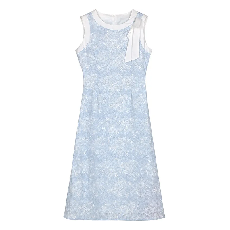 

Women Round Neck Color Matching Bow Sweet Lace Dress Fashion French Simple Sleeveless Elegant Birthday Party Vest Lady Dress