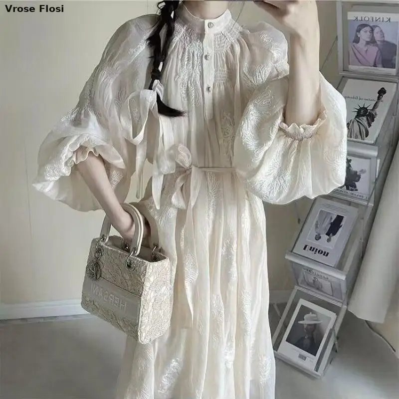 

New 2024 Korea Flower Embroidery Lantern Long Sleeves Dress Heavy Industry Solid Loose Lace Up Dresses French Style Big Hem