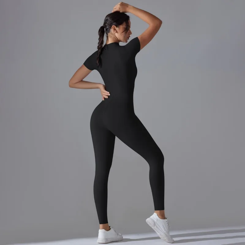 New Zipper Solid Jumpsuit Female Seamless Slim Short Sleeved Jumpsuit High Elastic Sports Running Fitness Cropped Jumpsuit