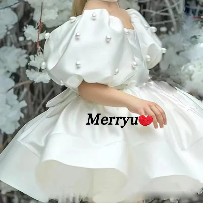 New White Flower Girl Dress Princess Wedding Party Gown  Elegant Formal  Satin Pearls  Kids First Communion Dress