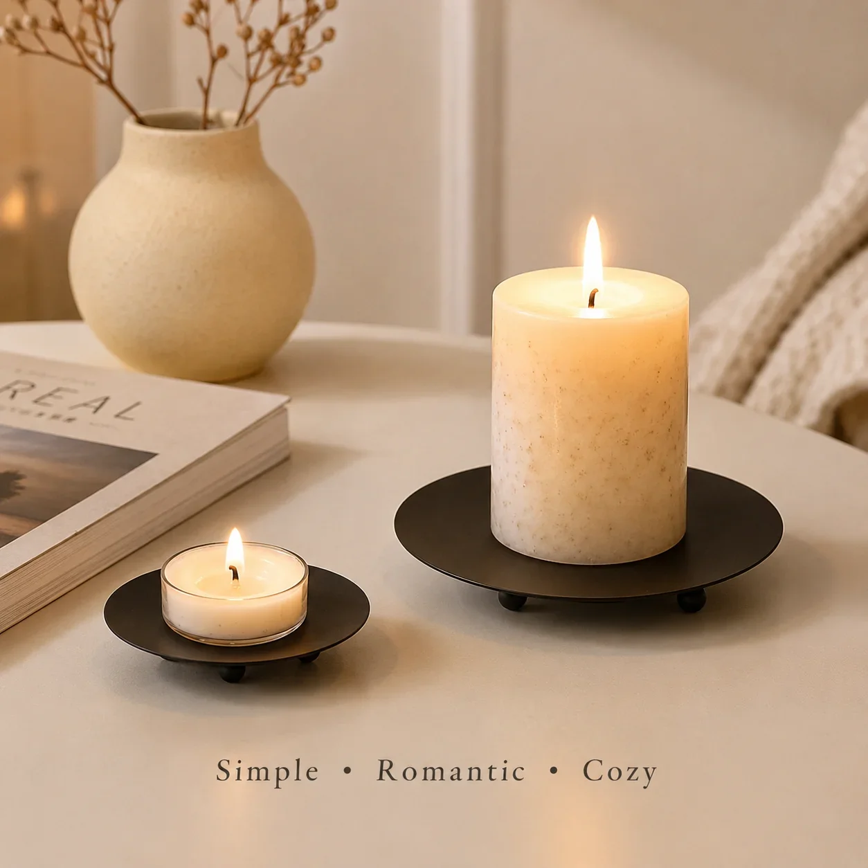 1Pc Black Metal Candle Tray Round Candle Holder Plate for Pillar Tealight Candles Dining Table Wedding Home Decor