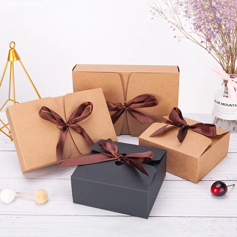 10pcs Kraft Paper Gift Boxes With Ribbon Package Candy Cake For Packaging Wedding Party Gift Boxes Decoration  Food Packaging