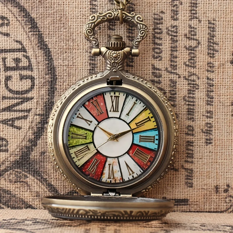 Tea colored glass flip quartz pocket watch with seven color pattern lucky dial for men and women's fashion trends