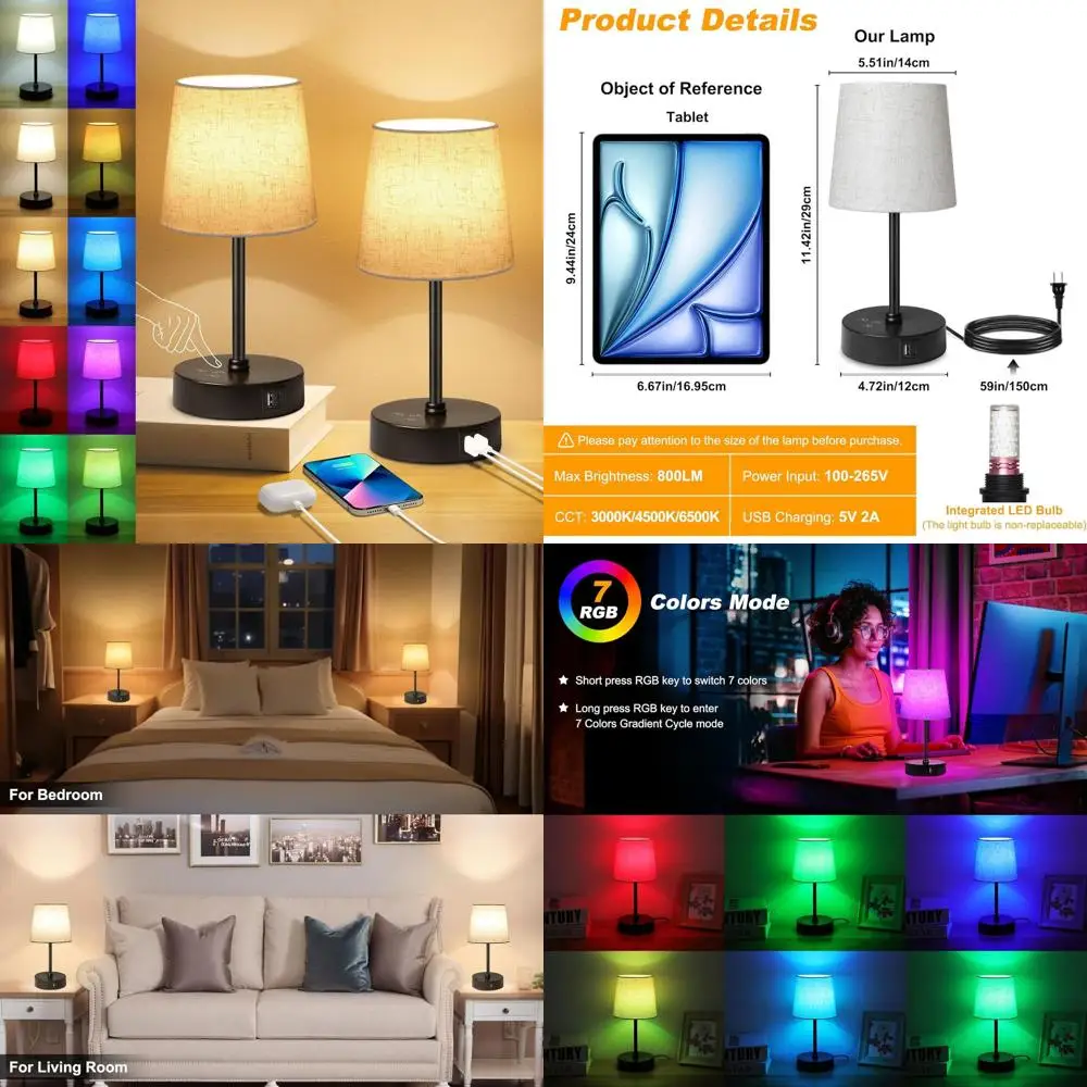 

Set of 2 RGB Color-Changing Bedside Lamps, 3 Temperatures, Dimmable with USB Ports, Touch Control, Ideal for Home