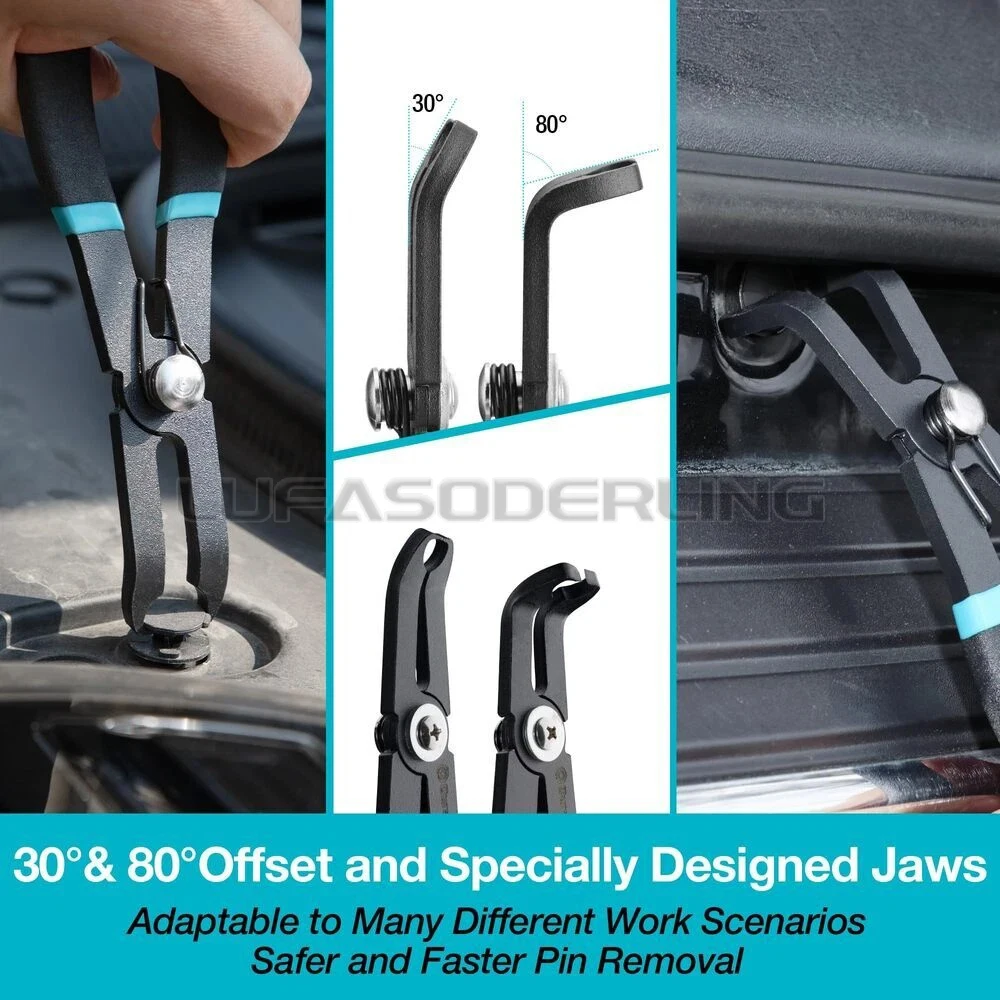 Spring Loaded Push Pin Pliers Set, 30 & 80 Degree Offset Jaws, Auto Clip Removal Tool for Trim Plastic Fasteners, Rivets, Clips