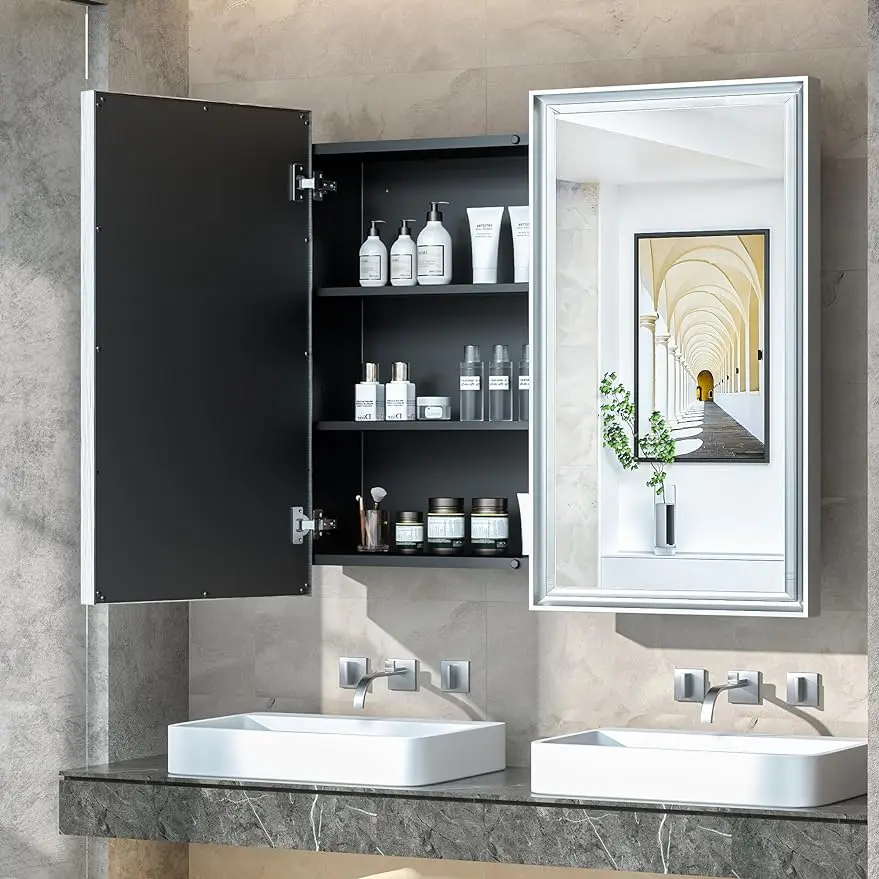 TokeShimi Bathroom Medicine Cabinet 36x32 Vanity Mirror Silver Metal Framed Recessed or Surface Wall Mounted