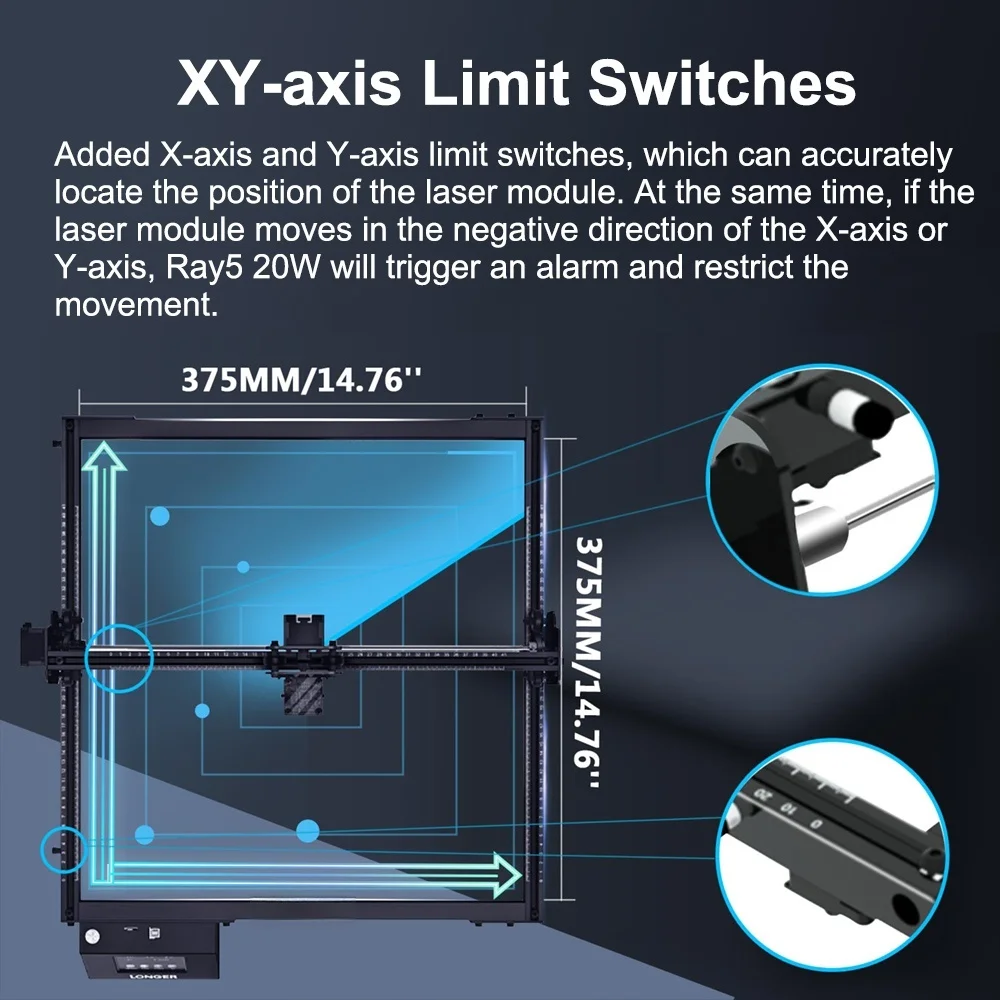 LONGER Ray5 20W Laser Engraver with Engraving Area 375x375mm 3.5'' Touchscreen 32-bit Motherboard Support App WIFI USB TF Card