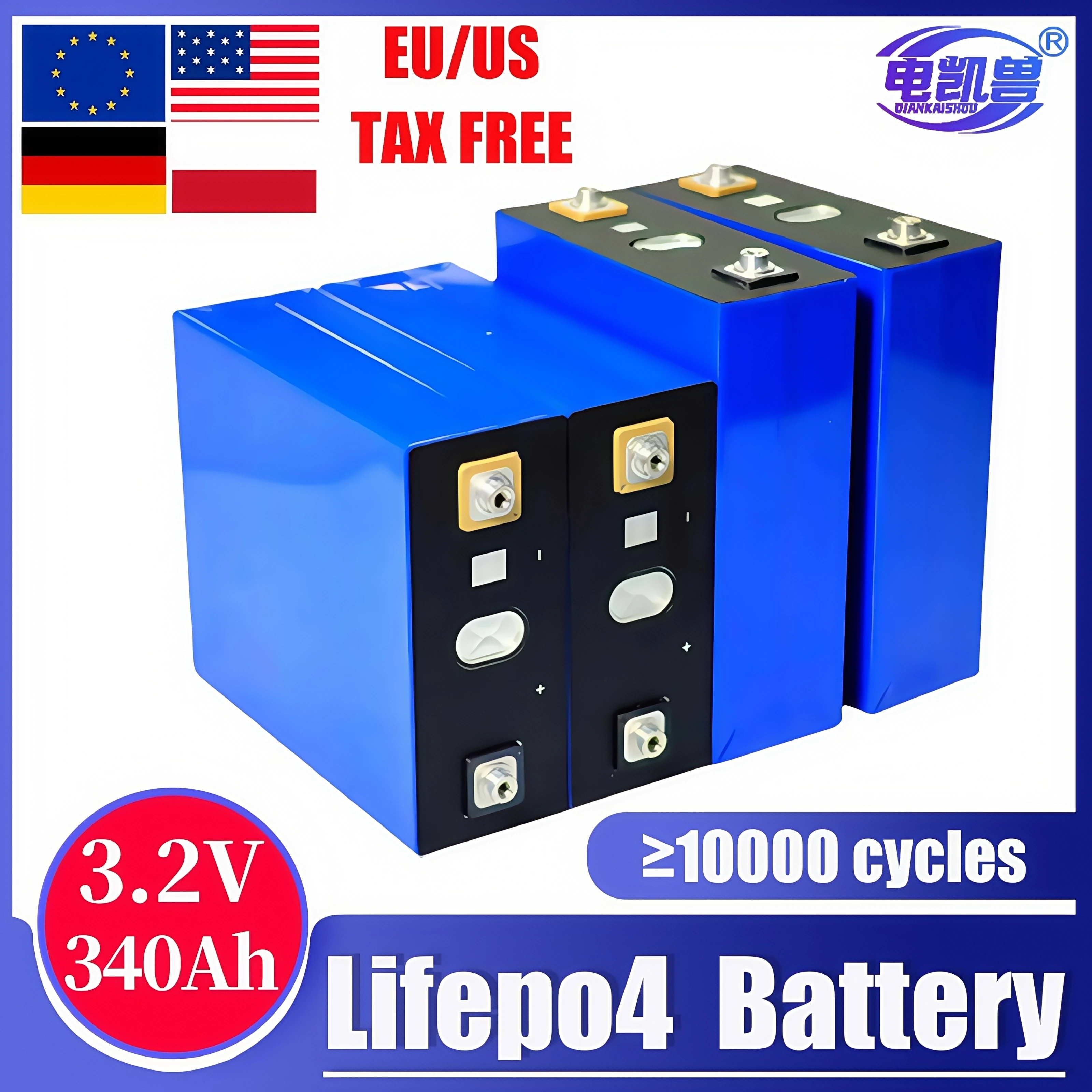 

Grade-A 3.2V 340Ah Lifepo4 Battery Rechargeable 10000 Cycles DIY for RVs Vans EV Boats Yachts Golf Carts Forklifts Tax Free