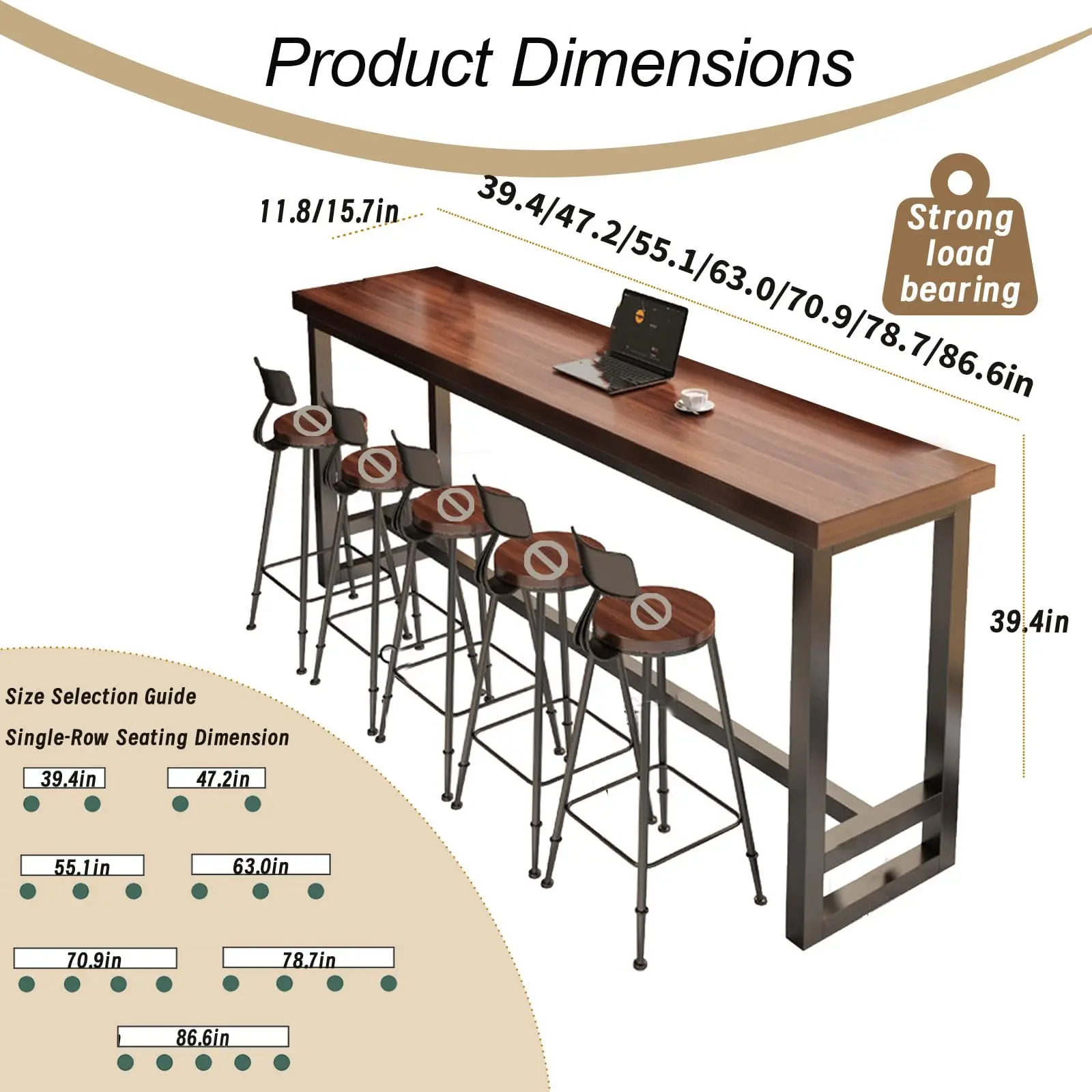 Bar Table, 39.4-86.6in Long Narrow High Top Tables, Sturdy Wood & Metal Frame Counter Height Pub Table with Multiple