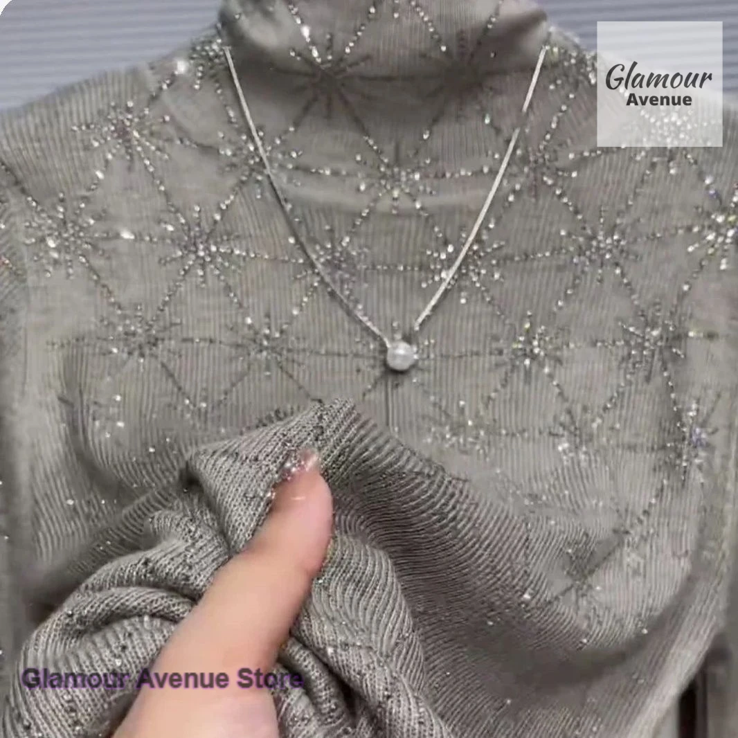 

French grey high-necked long-sleeved bottoming sweater women's autumn and winter new fashion rhinestone design casual top
