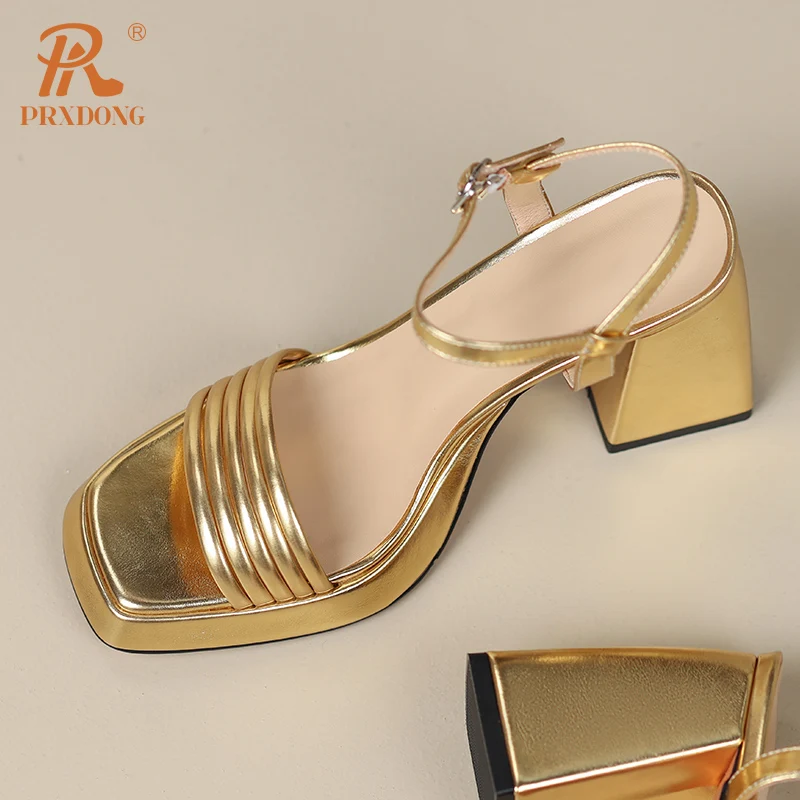 PRXDONG New Fashion Summer Square High Heels Platform SHoes Woman Sandals Black Gold Dress Party Office Lady Shoes Size 34-39