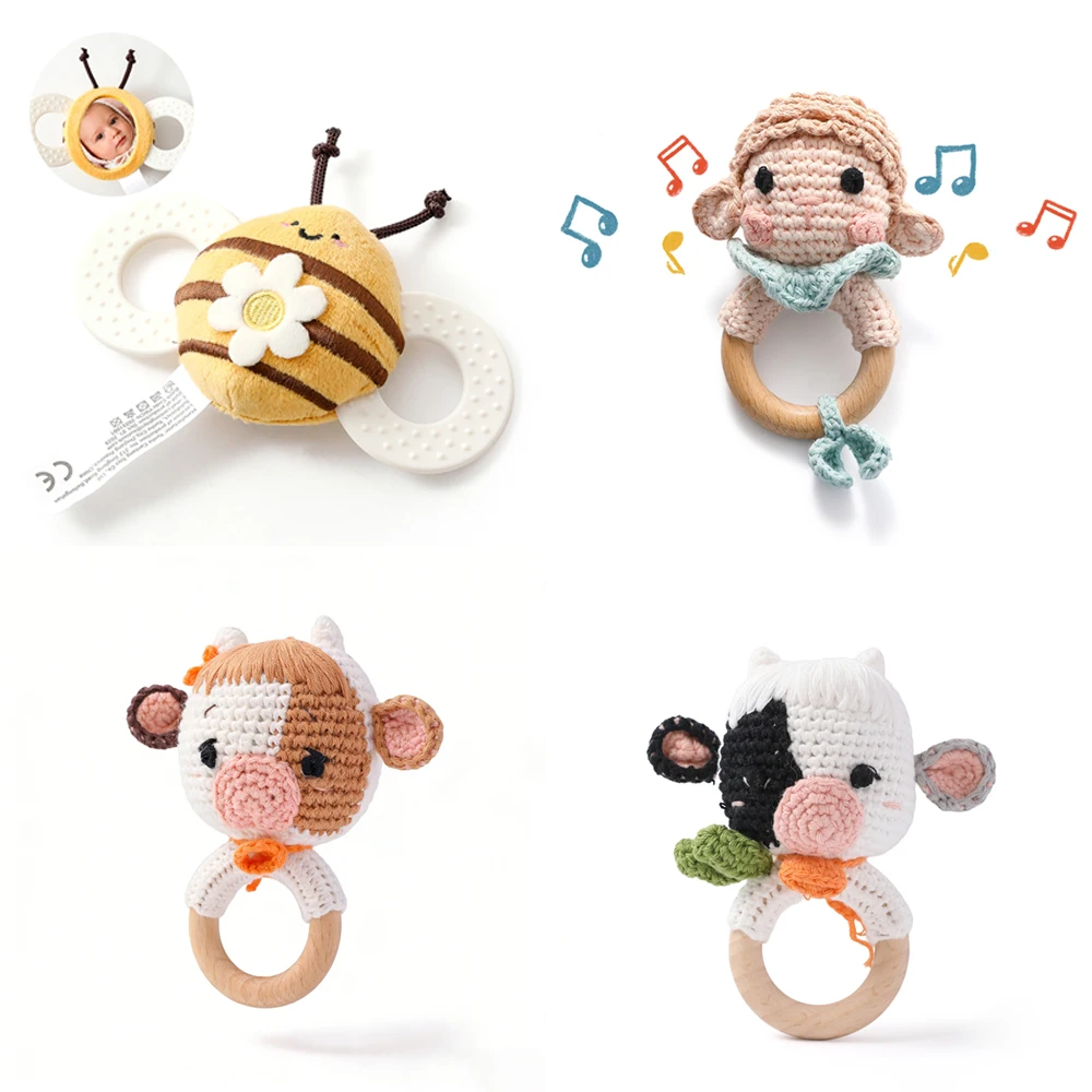 Crocheted Sheep Rattle Wooden Teether Baby Teething Ring BPA-Free Animal Crochet Rattle Montessori Children's Toy Newborn Gift