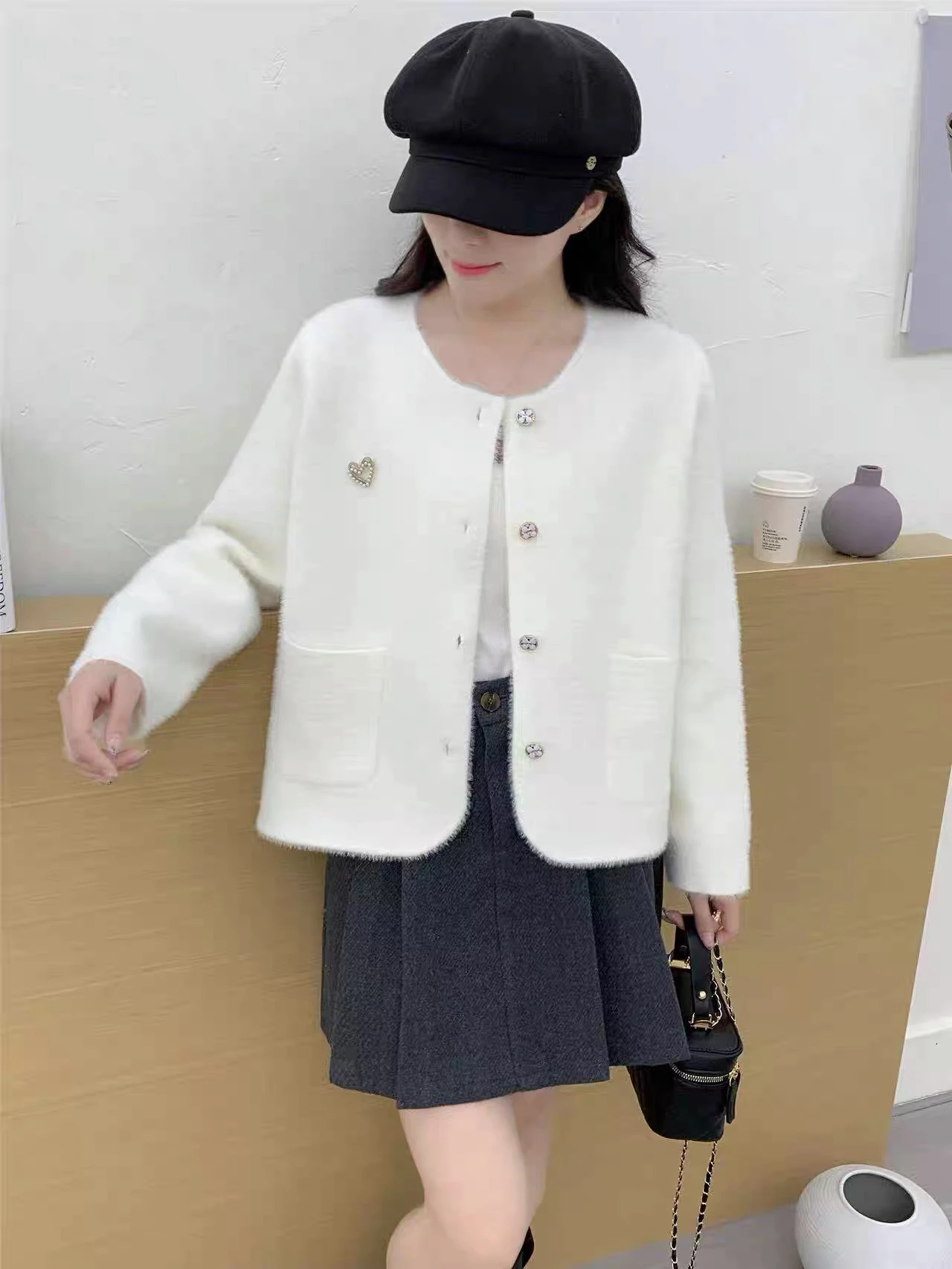 Suéter Cárdigan de Punto Estilo Little Fraance, Corazón Tridimensional, Color Puro, Ropa Exterior, Primavera, Otoño, Invier...