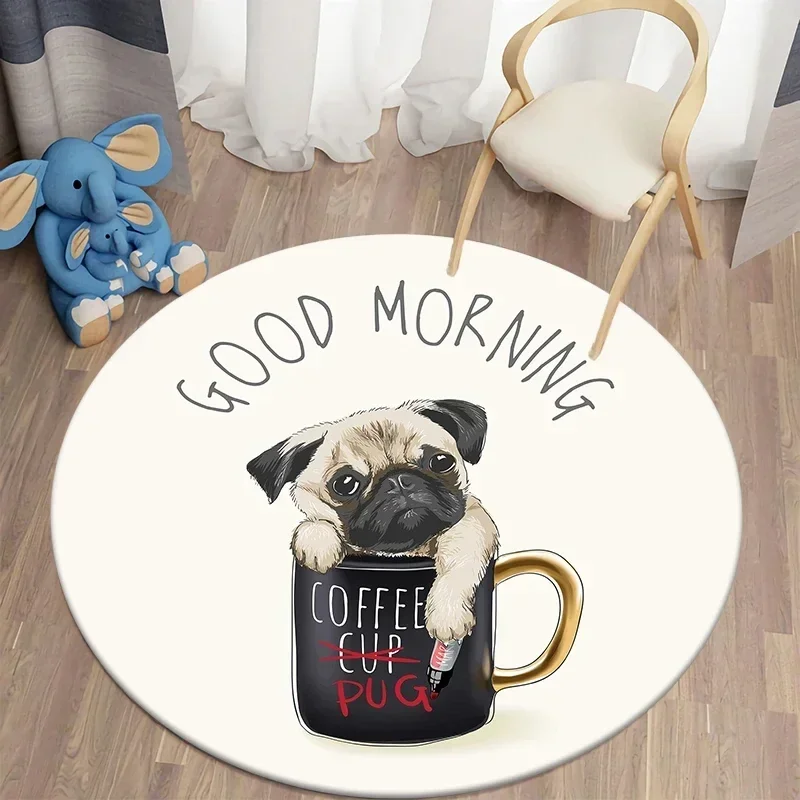 Crystal Velvet Cute Pug Round Rug, Kawaii Dog Print Non-Slip Floor Mat for Living Room, Bedroom, Home Decor, Circle Area Rug