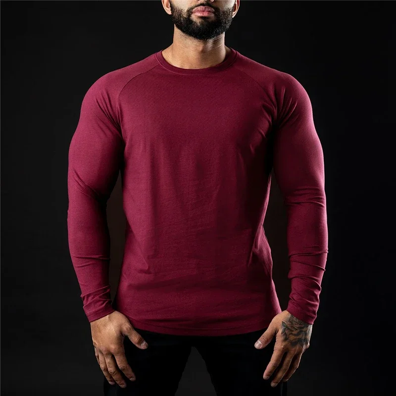 T-shirt Casual da uomo T-shirt a maniche lunghe in cotone palestra Fitness Bodybuilding allenamento T-shirt Soild abbigliamento maschile di marca di