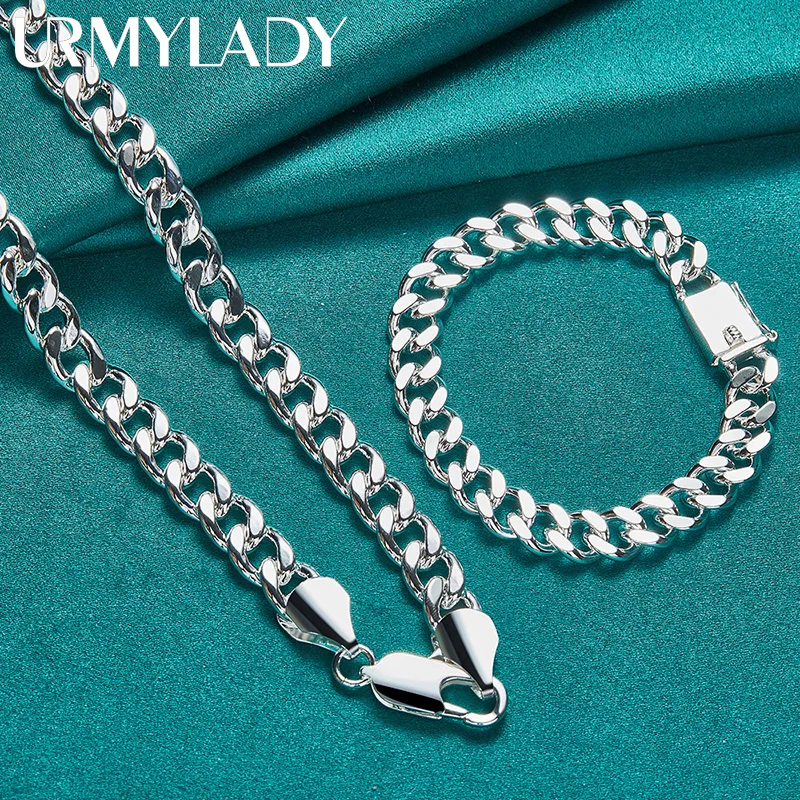 

URMYLADY 925 Sterling Silver Men Side Chain 10MM Necklace Bracelet Sets For Women Wedding Party Fashion Charm Jewelry