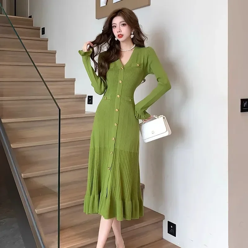 

Elegant Women V Neck Knitted Sweater Dress Chic Autumn Winter Green Single Breasted Flare Sleeve Ruffles Mermaid Midi Vestidos