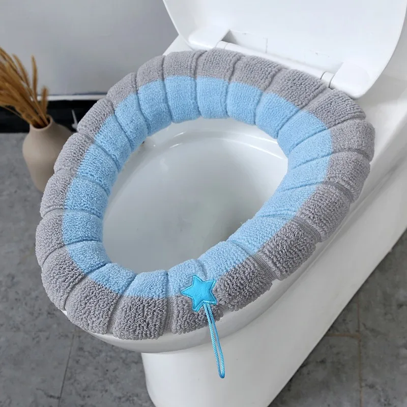 1 Pack Stitched Color Portable Knitted Toilet Mat Thickened Washable Antifreeze Toilet Cover Thickened Knitted O Type Universal