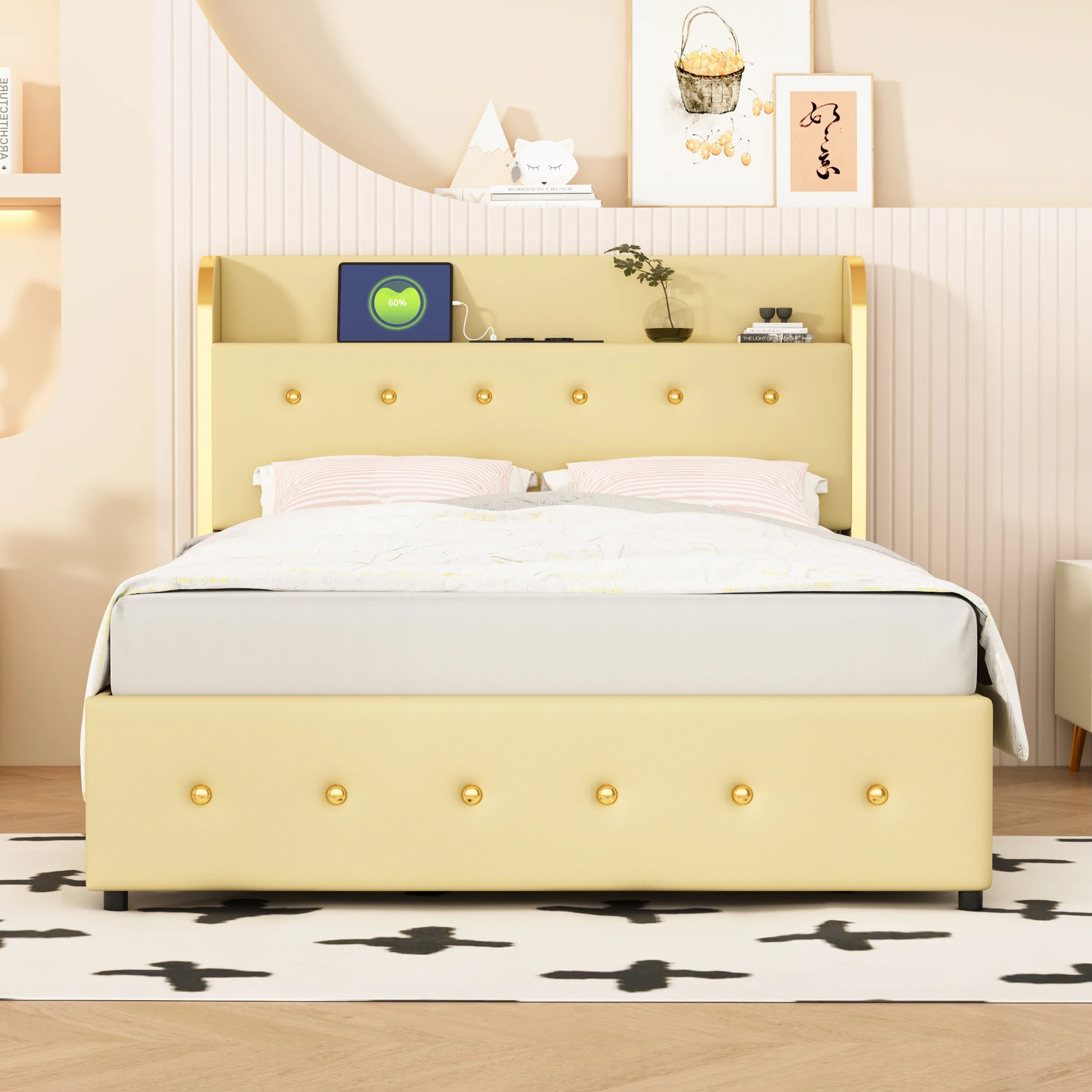 Upholstered bed 140 x 200 cm, double bed, headboard with USB connection, youth bed with slatted frame, with drawers Bedframe