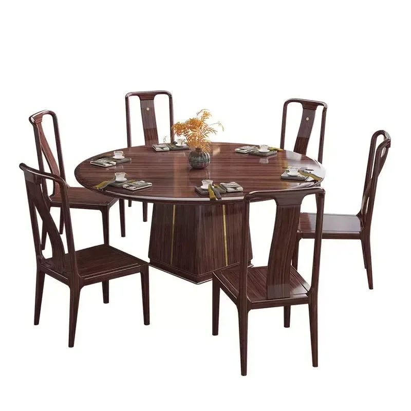 Retro Solid Wood Round Dining Table Set with Lazy Susan New Chinese Minimalist Luxury Home Furniture for Kitchen Living Room