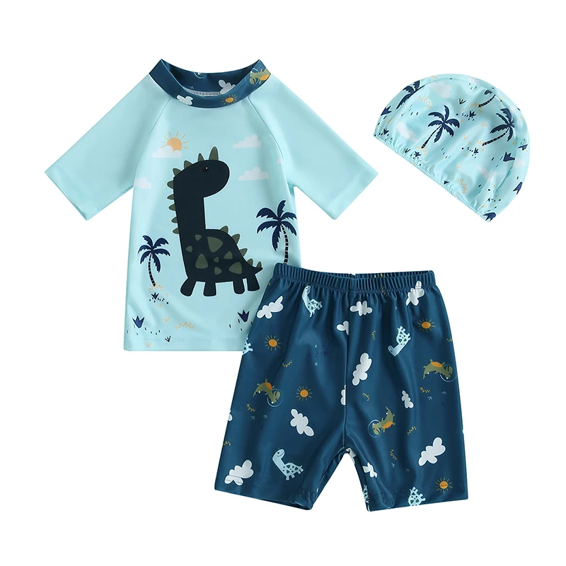 Baby Boy Rash Guard Swimsuit Set With Hat Short Sleeve Dinosuar Bathing Suit Summer Beach Swim Shirt And Shorts Trunk