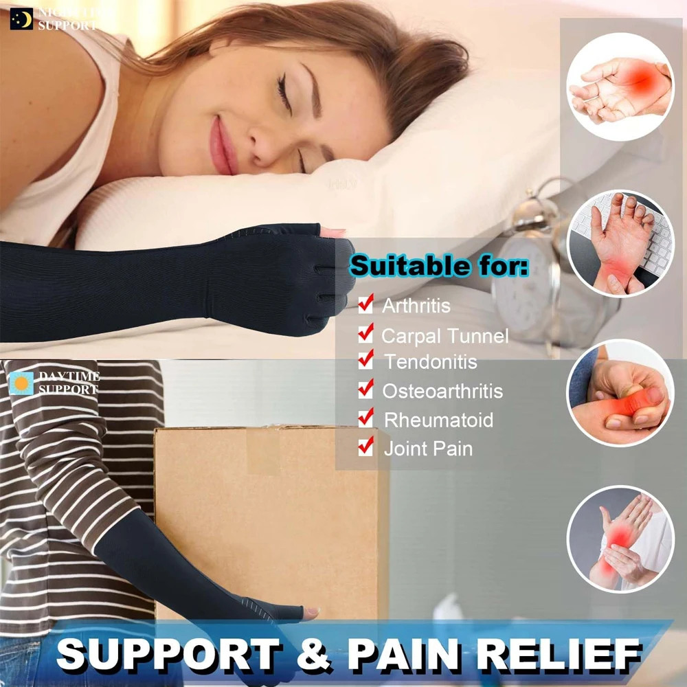 Long Copper Arthritis Gloves for Women & Men, Arm & Hand Compression Gloves, Fingerless Pressuse Gloves, Hand Support Sleeves