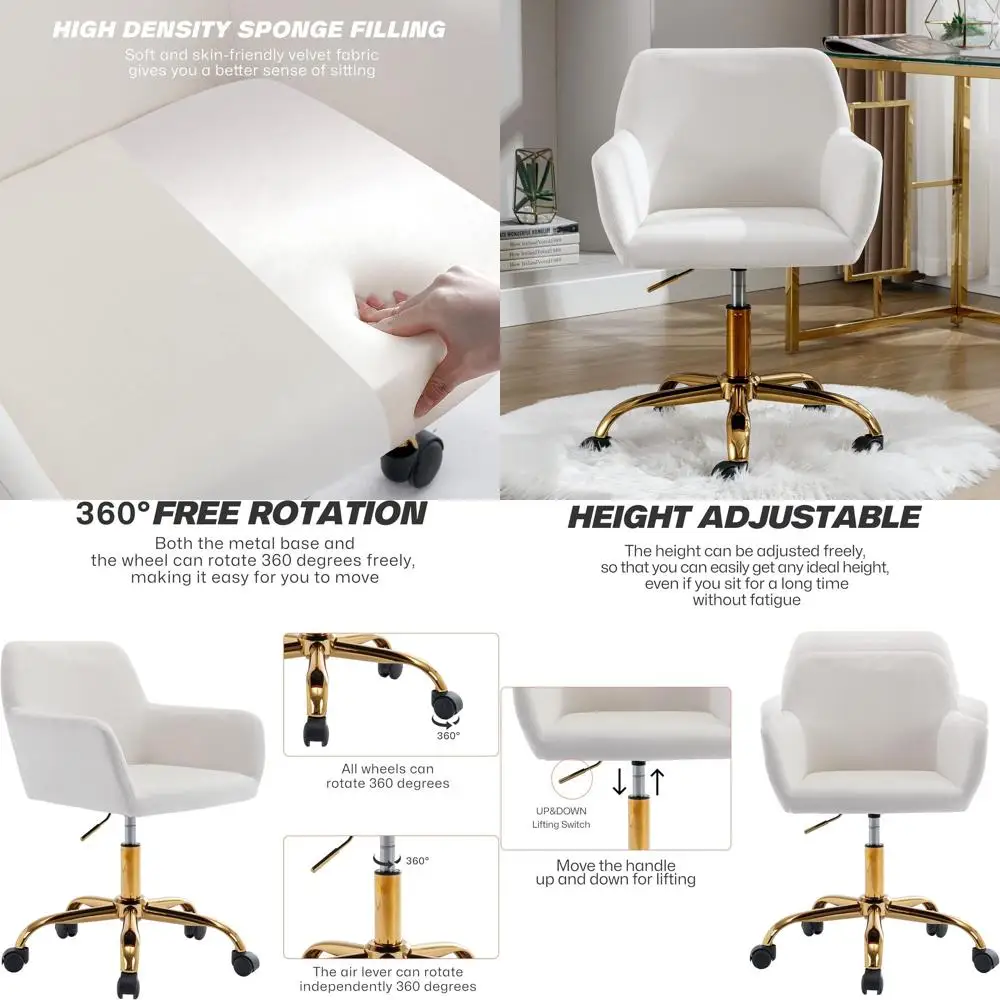 

Elegant White Upholstered Swivel Desk Chair with Wheels, Adjustable Height for Women and Girls, Perfect for Home Office or Makeu