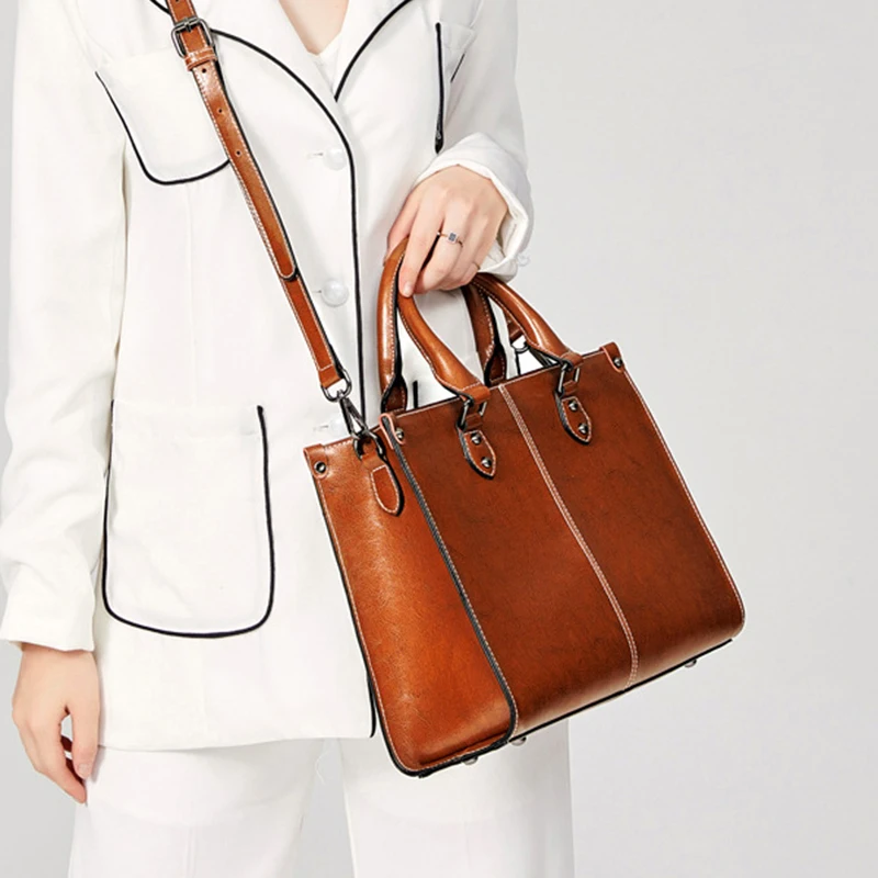 Women Genuine Cowhide Tote Bag Top Handle Real Leather Fashion Office Shopping Shoulder Crossbody Messenger Handbag Purse