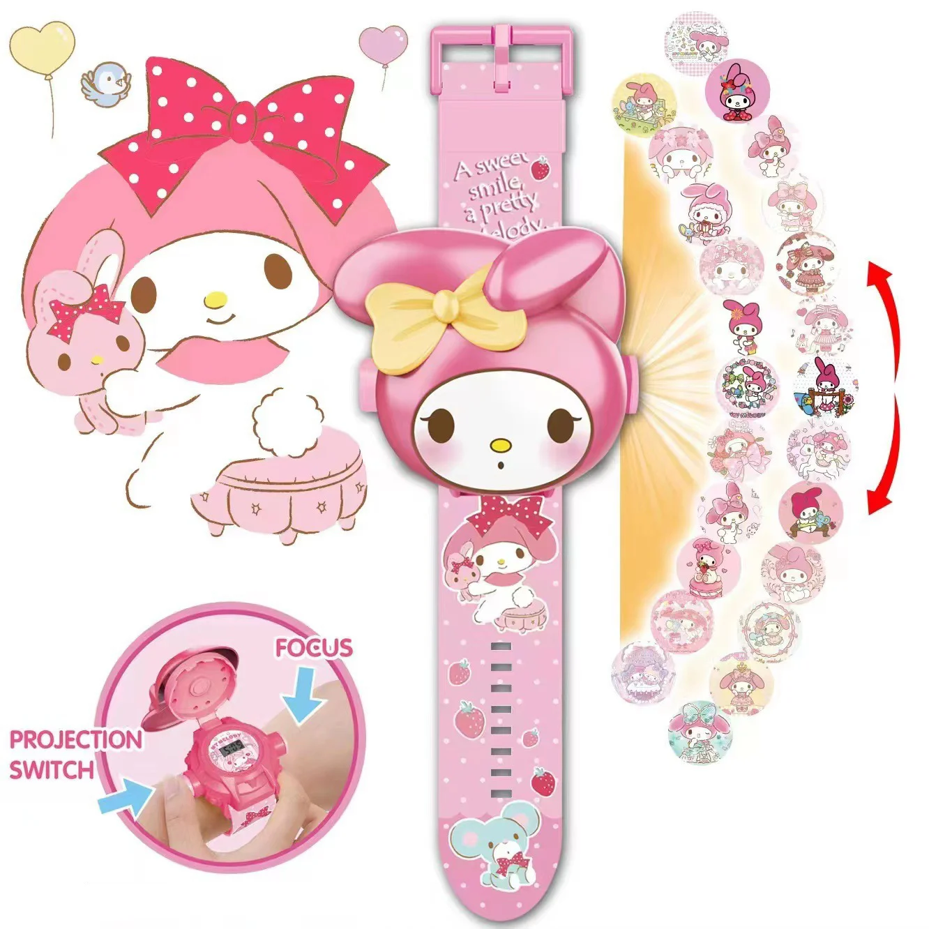 MINISO Hello Kitty 3D Projection Children\'s Watch Girls Cinnamoroll Kuromi Melody Anime Action Figures Model Toy Kid Gift