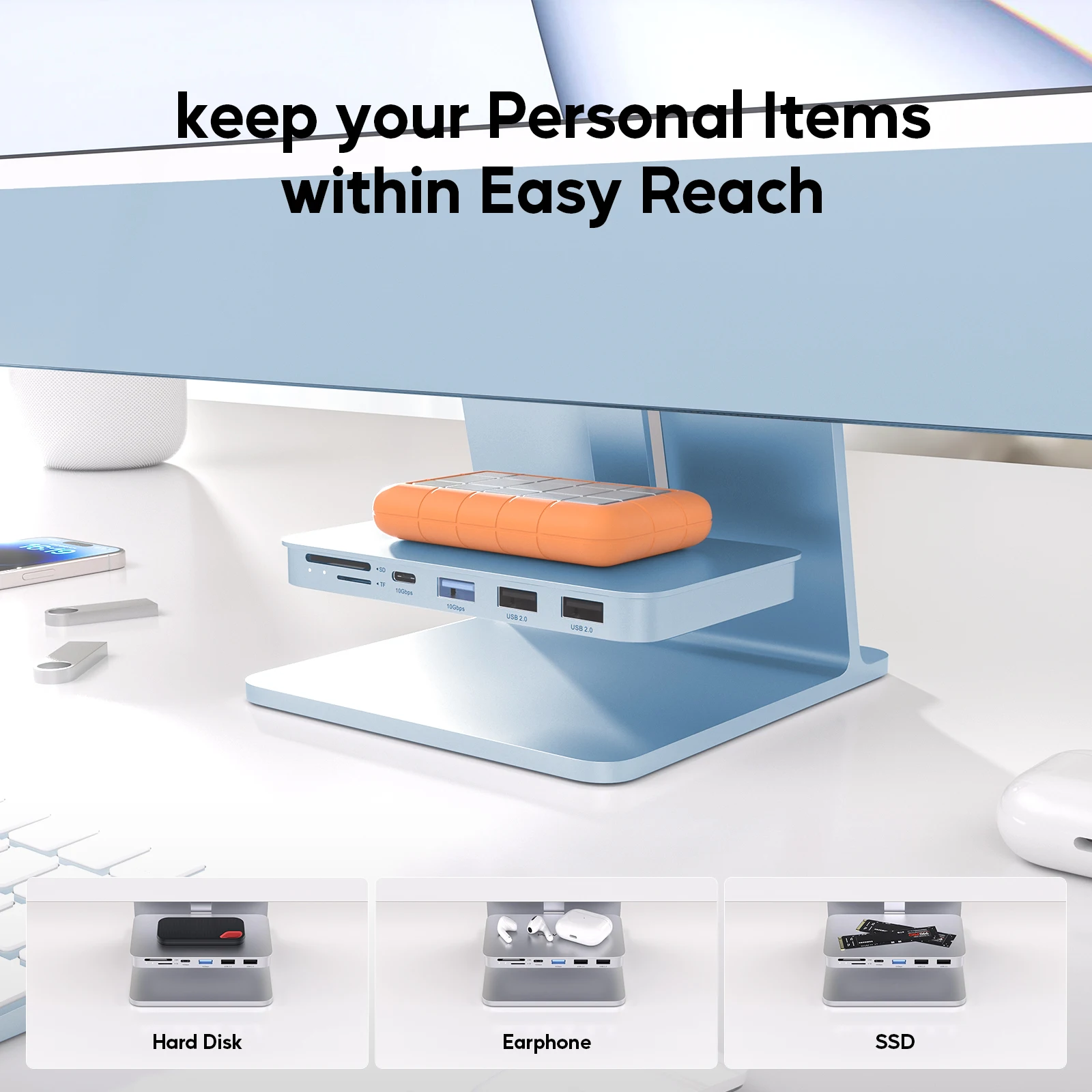 PULWTOP iMac USB C Hub مع حاوية M.2 NVMe SSD، USB A/C بسرعة 10 جيجابت في الثانية، SD/TF، لشاشة iMac24 بوصة M1/M3/M4 أو Studio 27 بوصة #6