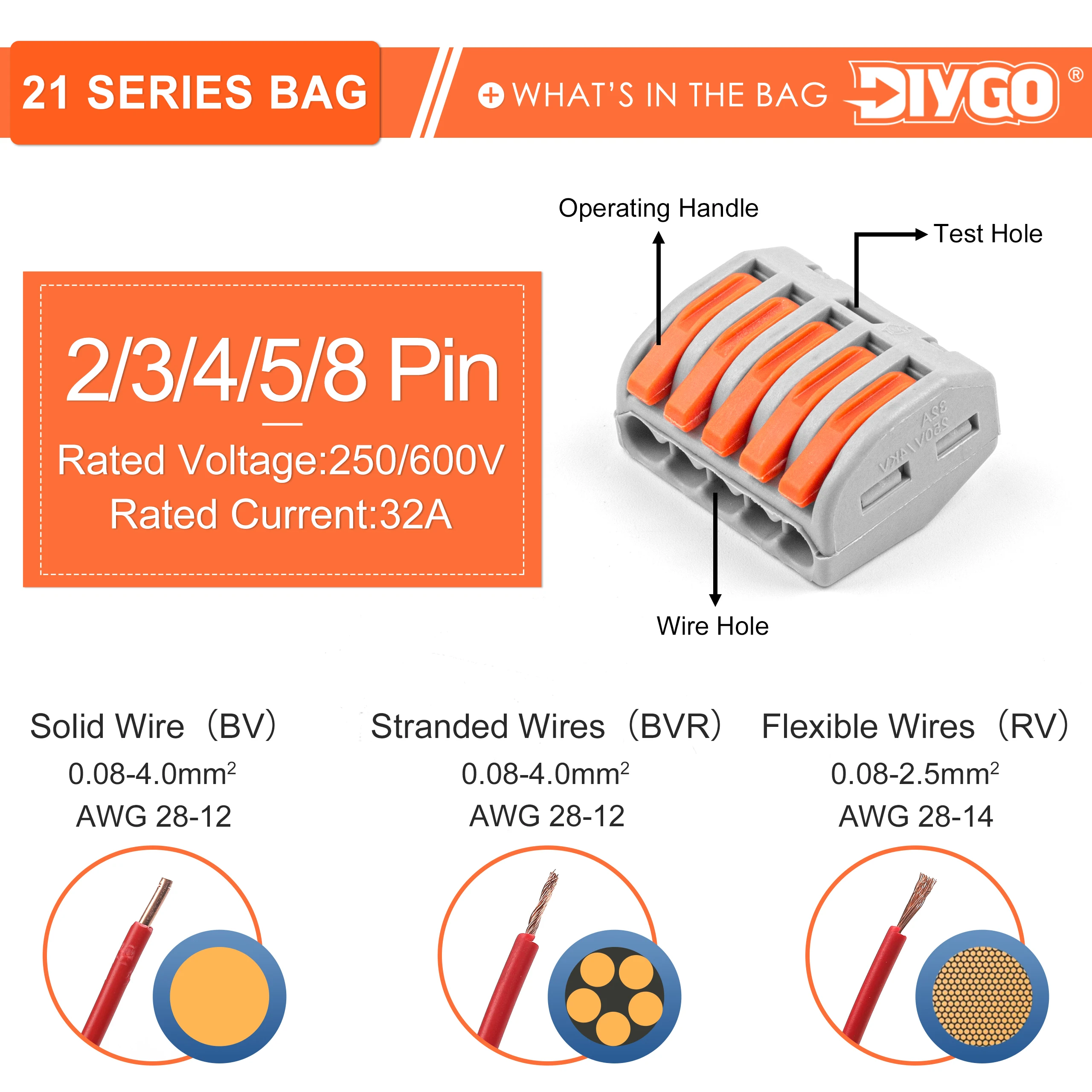 Wire Connectors With Orange Lever 212 213 214 215 218 Mini Fast Cable Universal Compact Wiring Conductor Push-in Terminal Block