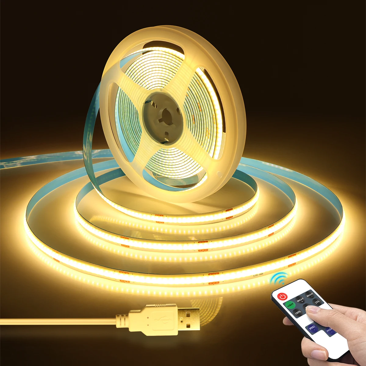 USB 5V COB LED Strip Lights 320 LEDs/M Double-Sided Tape RF Remote Control Dimmable Night Light Adjustable Brightness LED Ribbon