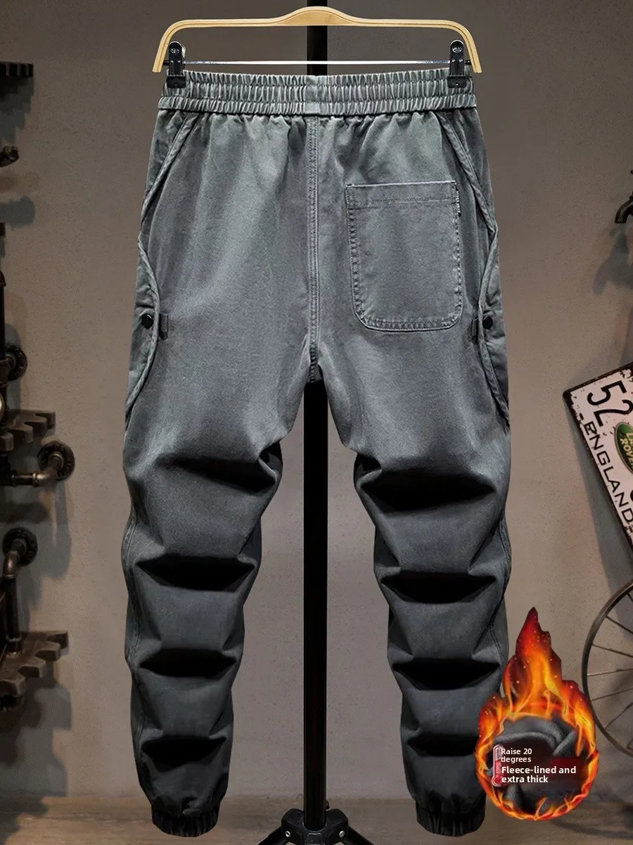 

Мужские зимние повседневные брюки на флисовой подкладке, свободного кроя, из чистого хлопка, с манжетами, рабочие брюки, молодежные брюки для занятий спортом на открытом воздухе