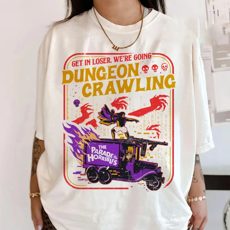 T-shirt « Get In Loser We're Going Dungeon Crawling », t-shirt à thème science-fiction, t-shirt graphique Carl Princess Donut, t-shirt pour fans de Carl Dungeon Crawler