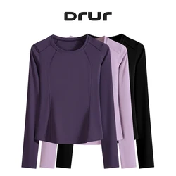 DRUR Yoga Tops Long Sleeve Round Neck Quick Dry Sports Jacket Women Gym Clothes Jogger Running Tops With Pockets Workout Shirts