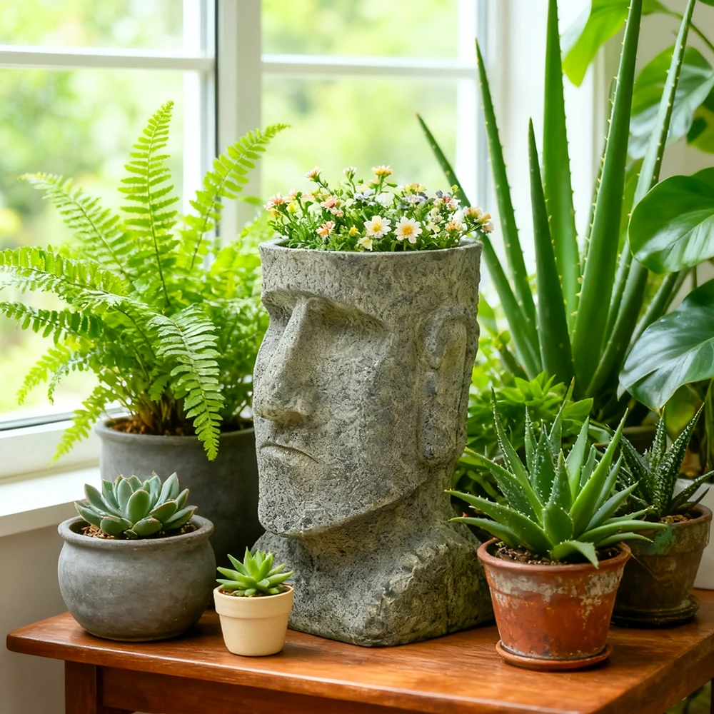 Artistic Plant Container Vintage for sculpture Gray Abstract Face Pot Resin Construction Lifelike Facial Expression