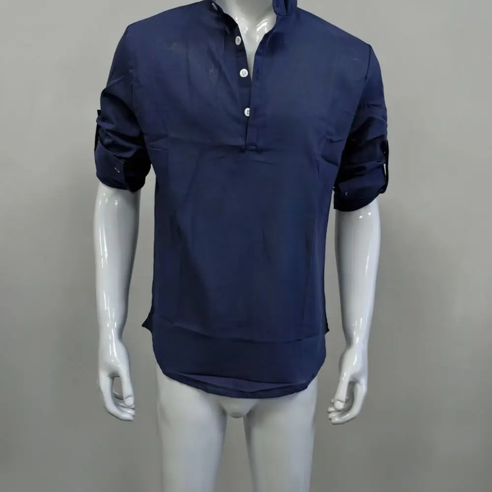 Mens Cotton Linen Shirt Long Sleeve Stand Collar Casual Solid Color Loose Fit Comfortable Soft Breathable Holiday Style