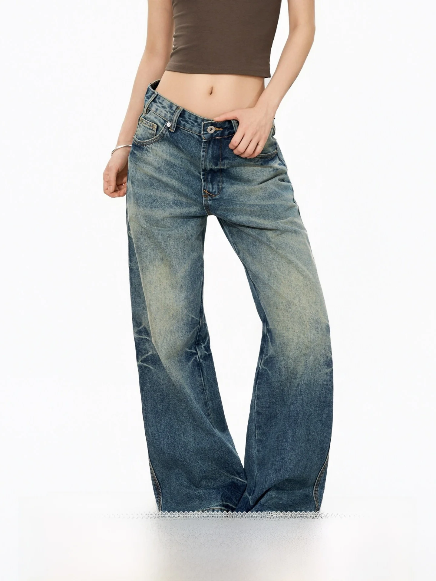 

S3T5 Vintage Washed Distressed Wide Leg Jeans Men Women Casual Loose Commute Long Trousers Fashionable Straight Cut Denim