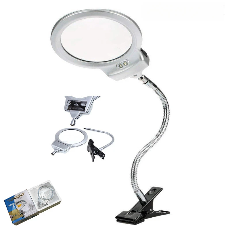 

Clip-on Magnifying Glass with LED Light 107MM Diameter Metal Desktop Reading Lamp for Russian Students